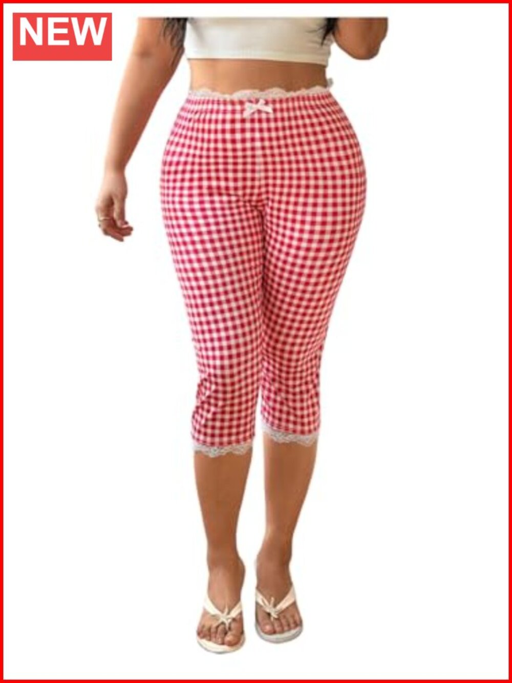 Plus Size Gingham Capri Leggings High Waist Skinny 3/4 Length Lace Trim